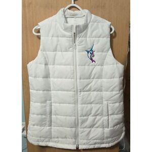 BAW Sz Med Womens White Puffer Vest Sleeveless Full Zip Marlins Embroidered Logo